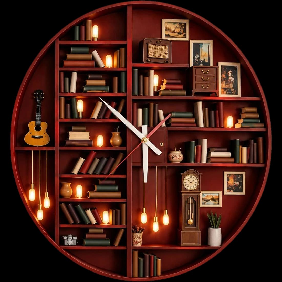 TAIGA wooden wall clock with bookshelves, lit bulbs, a small guitar and a grandfather clock inside