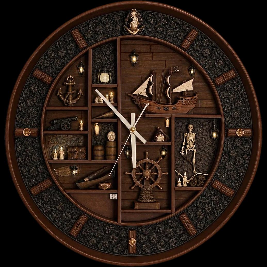 A TAIGA wooden wall clock in warm workshop light